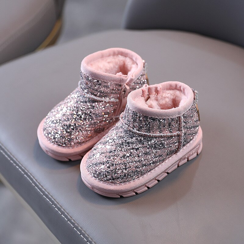 Botas de nieve para bebé, botines de piel cálida a la para niño, botines de princesa rosa brillante, para niño pequeño, primer andador, Invierno: Rosa / 6,5