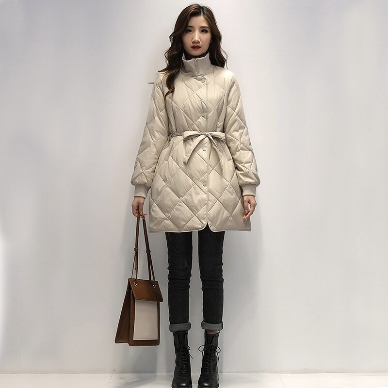 Fitaylor vinter ultralätt lång jacka kvinnor 90%  vita dunkappa smala dunjackor med snörning i midjan parkas varm snö ytterkläder: Beige / S