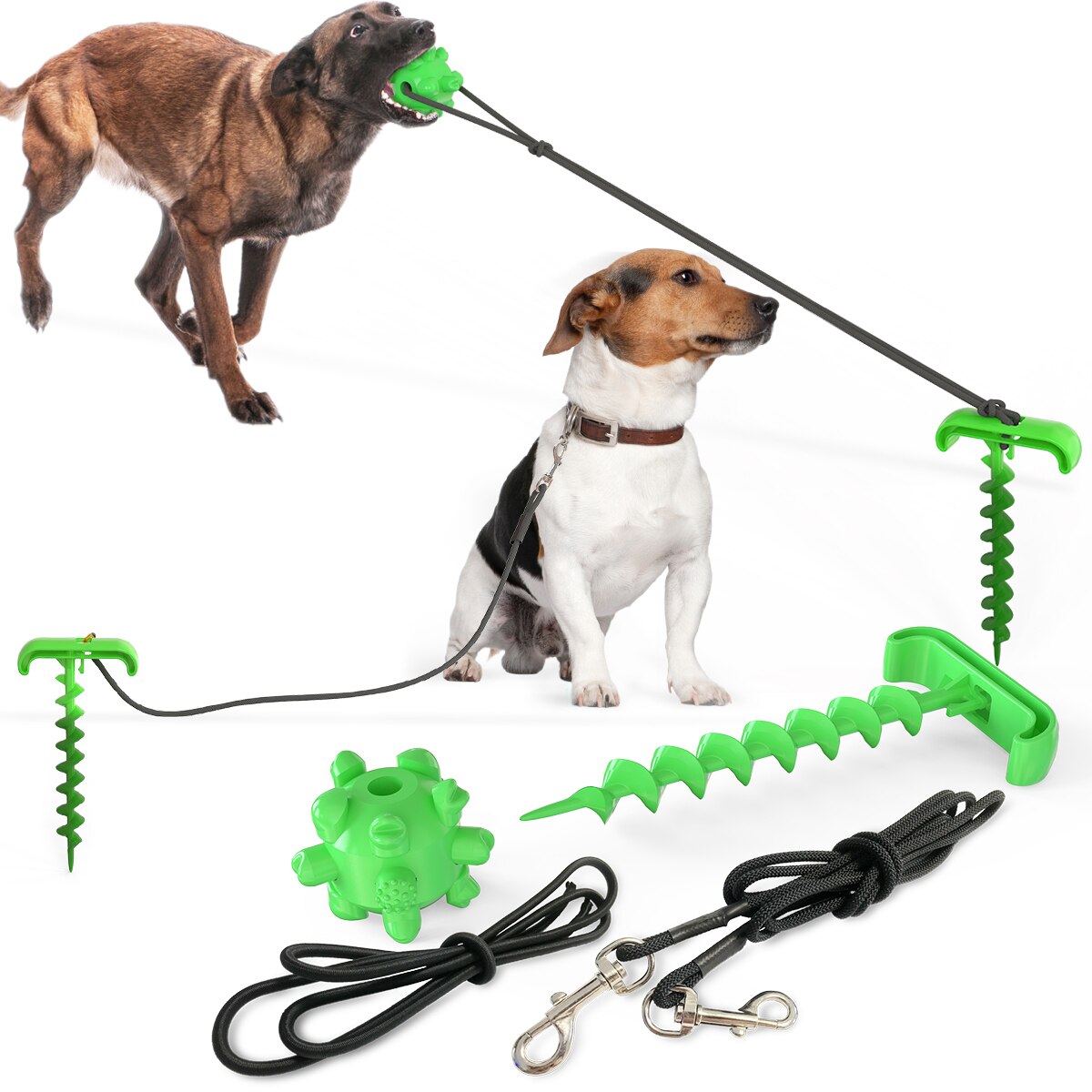 Hond Stake Multi-Functionele Draagbare Outdoor Tie-Out Voor Honden Tanden Reinigen Molars Bal, outdoor Hond Tandenborstel Chew Toy: green