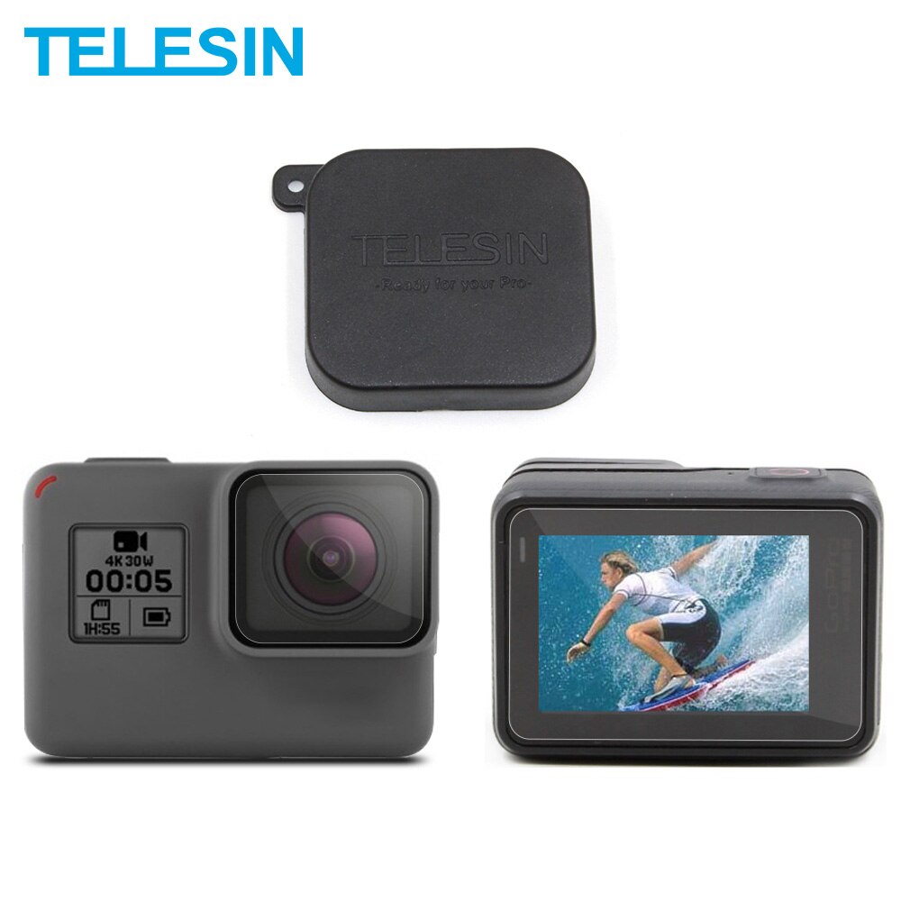 TEELSIN 2Pcs Gehard Glas Screen + Lens Protectors Film Cover met Siliconen Lens Cap Set voor GoPro Hero 5 6 7 zwart