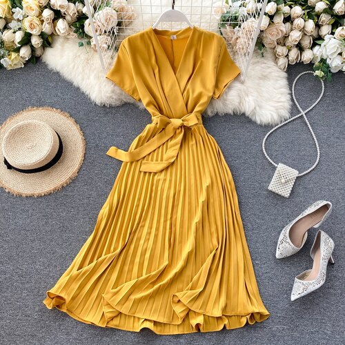 Midi retro Dress Women's Solid Color V-neck Lace-up Waist Slimming over-the-Knee Pleated Dress Office Lady: Yellow