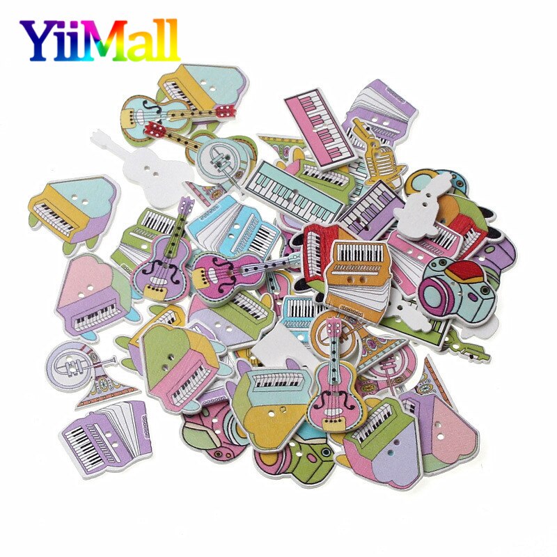50pcs Mixed Musical Instrument Wooden Buttons For DIY Clothing Scrapbooking Crafts Botones Decoration Sewing Needlework Supply
