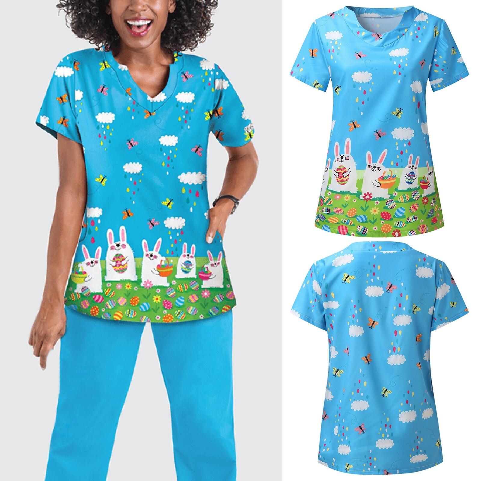 Woman T-shirts V-neck Top Pocket Shirt Working Uniform Nurse Dentist Work Top Beauty Worker T-shirt Woman Lounge Clothing Top: S