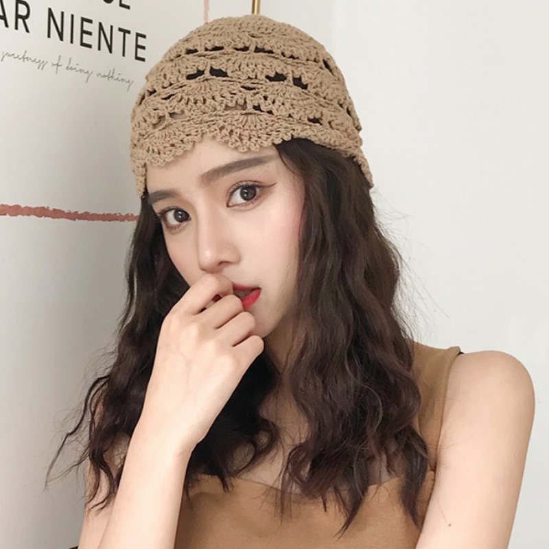 Ht3165 kvinder hat åndbar hule forår sommer beanie hat vintage hæklet blomst kvinder benaies damer strikket skullies beanies