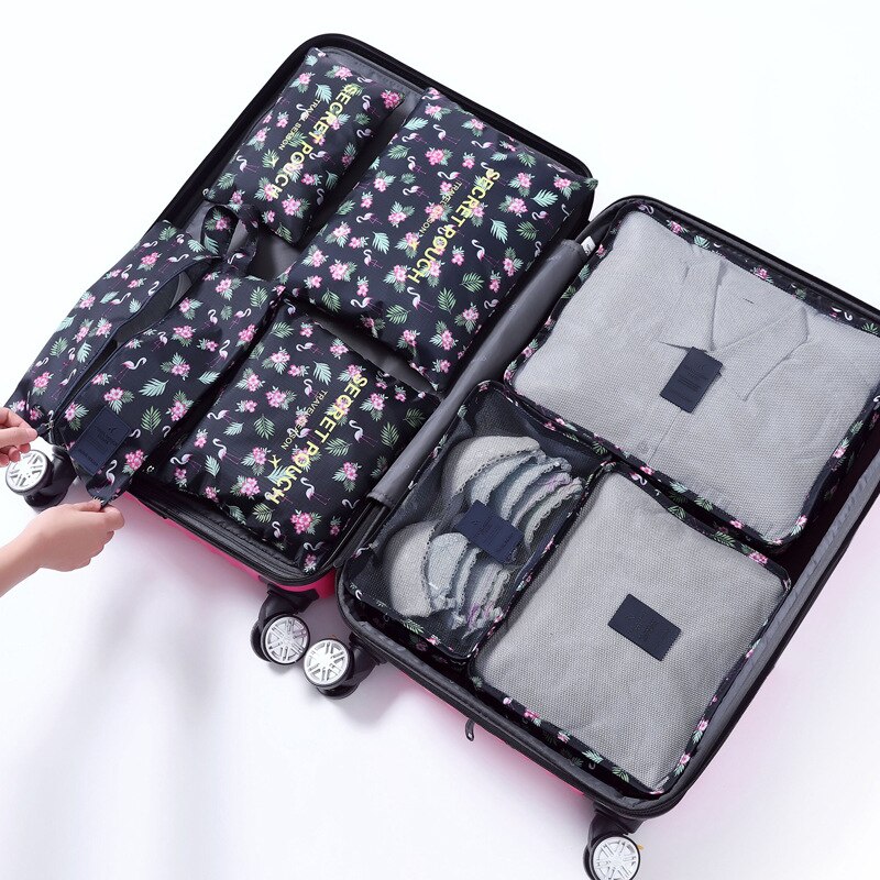 7pcs/set Luggage Organizer Bag Large Waterproof Polyester Packing Cubes Organiser For Clothing Storage Bags Travel Accessories: Black Flamingo