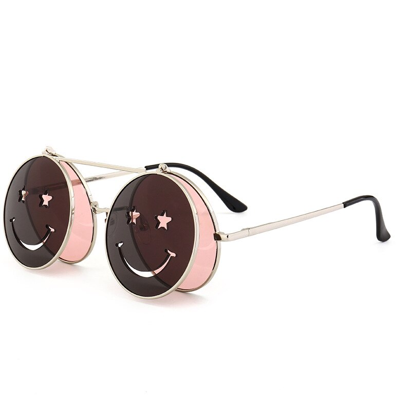 smiley Steampunk sunglasses double lenses clamshell glasses special trend ocean film hipster Resin sunglasses: Pink