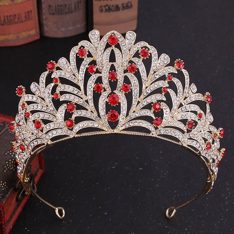 Tiaras barrocas de lujo para novia, cristal, Reina, Princesa, coronas grandes, diamantes de imitación, hojas, diadema nupcial, accesorios para el cabello de boda, Tiaras: Rojo