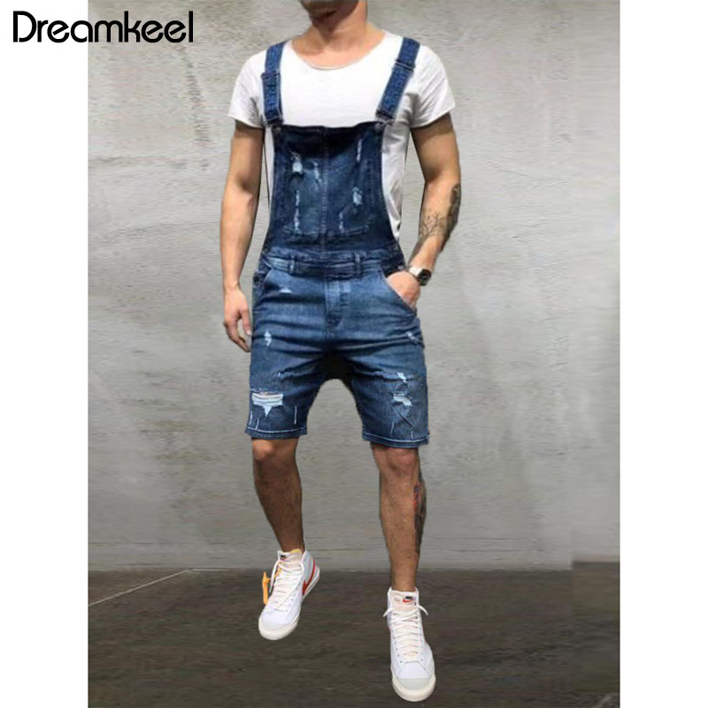 Men's Hole denim shorts jumpsuit men Vintage Overalls Male Casual Suspender trouser summer Playsuit men shorts jumpsuit men Y