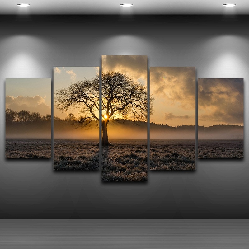 Canvas Schilderij Muur Art Frame Gedrukt Foto 'S 5 Panel Poster Sunrise Boom Landschap Foto Voor Woonkamer Decor Pengda