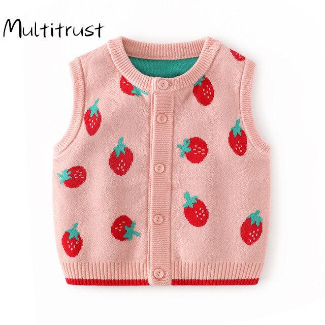 Girls Vest Cartoon Fruit Print Sleeveless Knit Sweater Kids Clothing Newborn Baby Kids Waistcoat Autumn Boys Jacket Vest