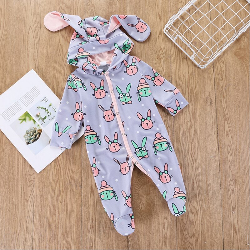 Baby Footies for Boy Girl Long Sleeve Hooded Cotton Cute Cartoon Rabbit Ears Clothes Boys Girls Jumpsuit Spring Autumn