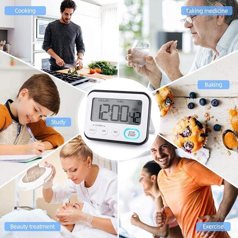 Digital Kitchen Timer LCD Cooking Timer, Alarm and Clock, Count Down and Count Up, netic Back and Free Stand, Loud Alarm Digi