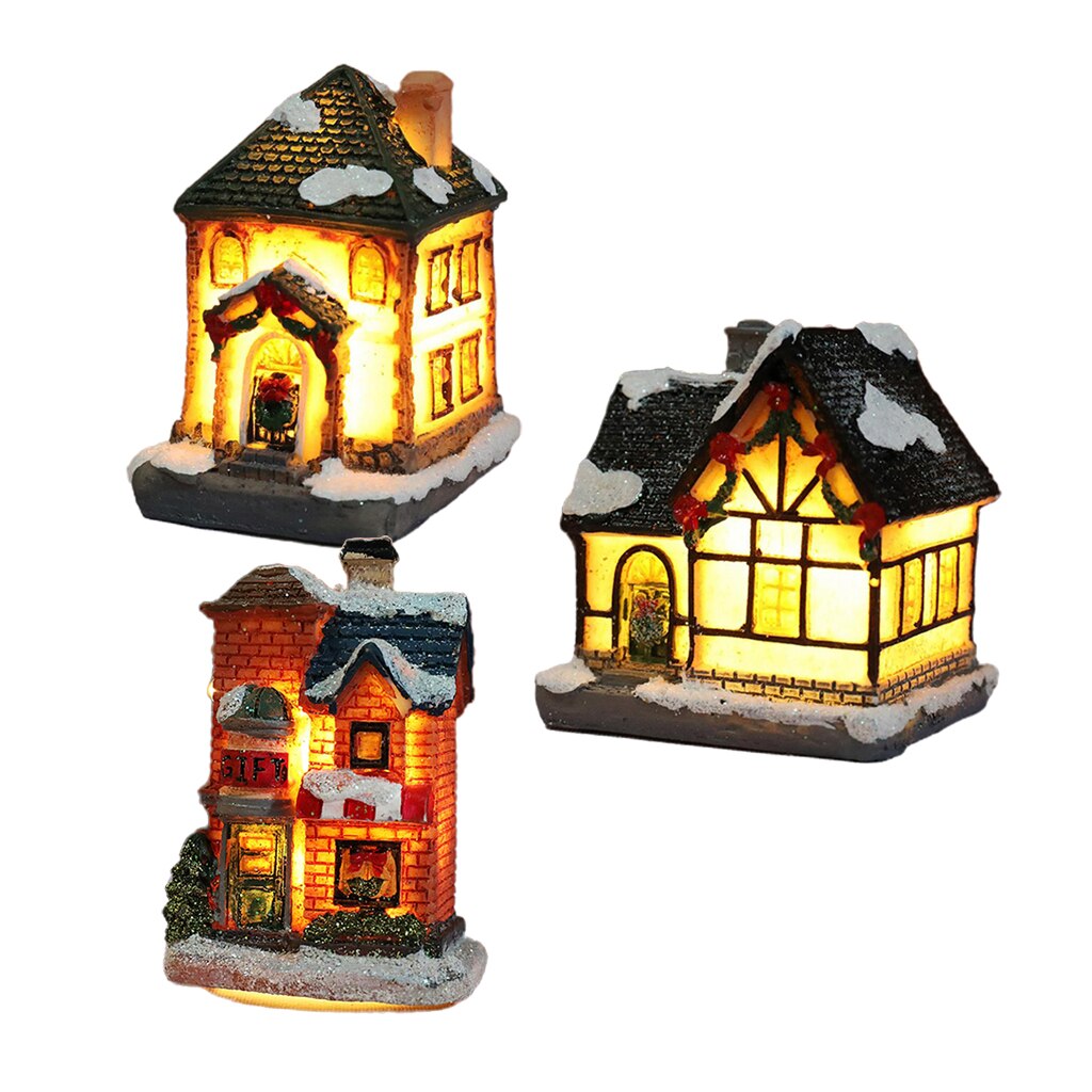 3Pcs 6-8Cm Kerst Licht Up Winter Dorp Miniatuur Huis Ornament Model