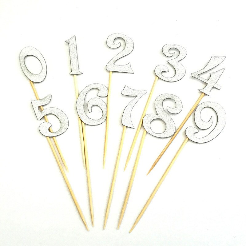 10Pcs/Set 0-9 Gold Silver Glitter Numbers Cake Flag Topper Kit Wedding Children Birthday Cupcake Party Decoration: 10pcs silver