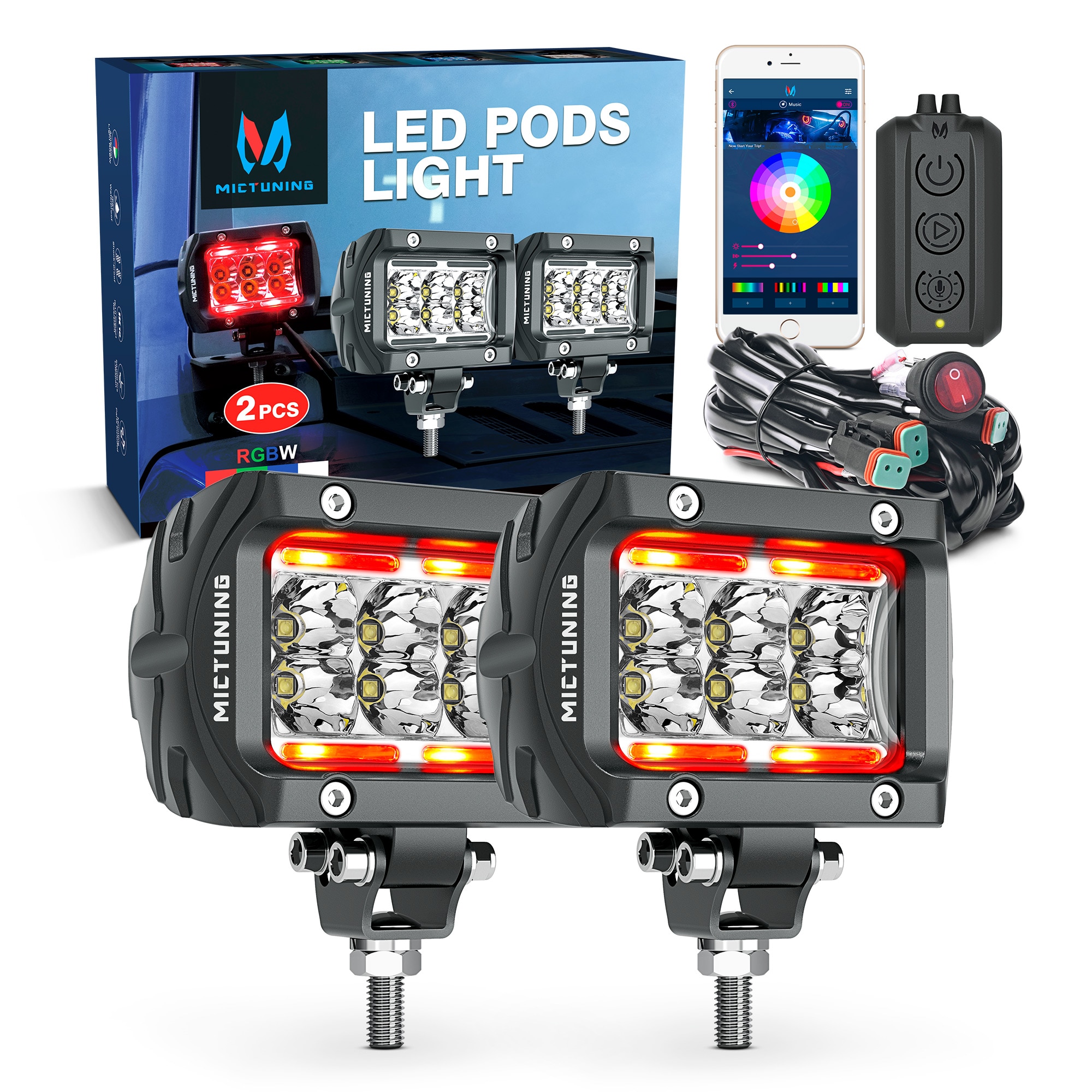 MICTUNING K1 RGBW LED Pods Light Atmosphere Light 4 Inch 18W Off Road Combo Driving Light With APP Control Box For Truck ATV UTV