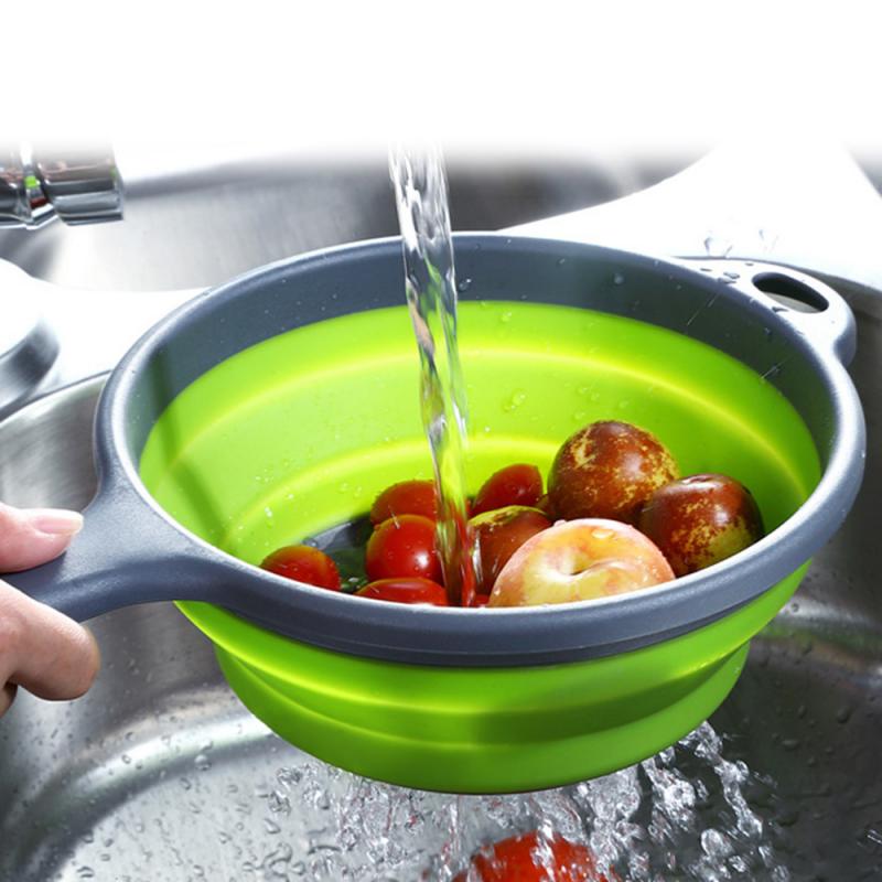 Folding With Handle Silicone Plastic Colander Drain Basket Fruit Vegetable Washing Strainer Sink Drainer Kitchen Accessories