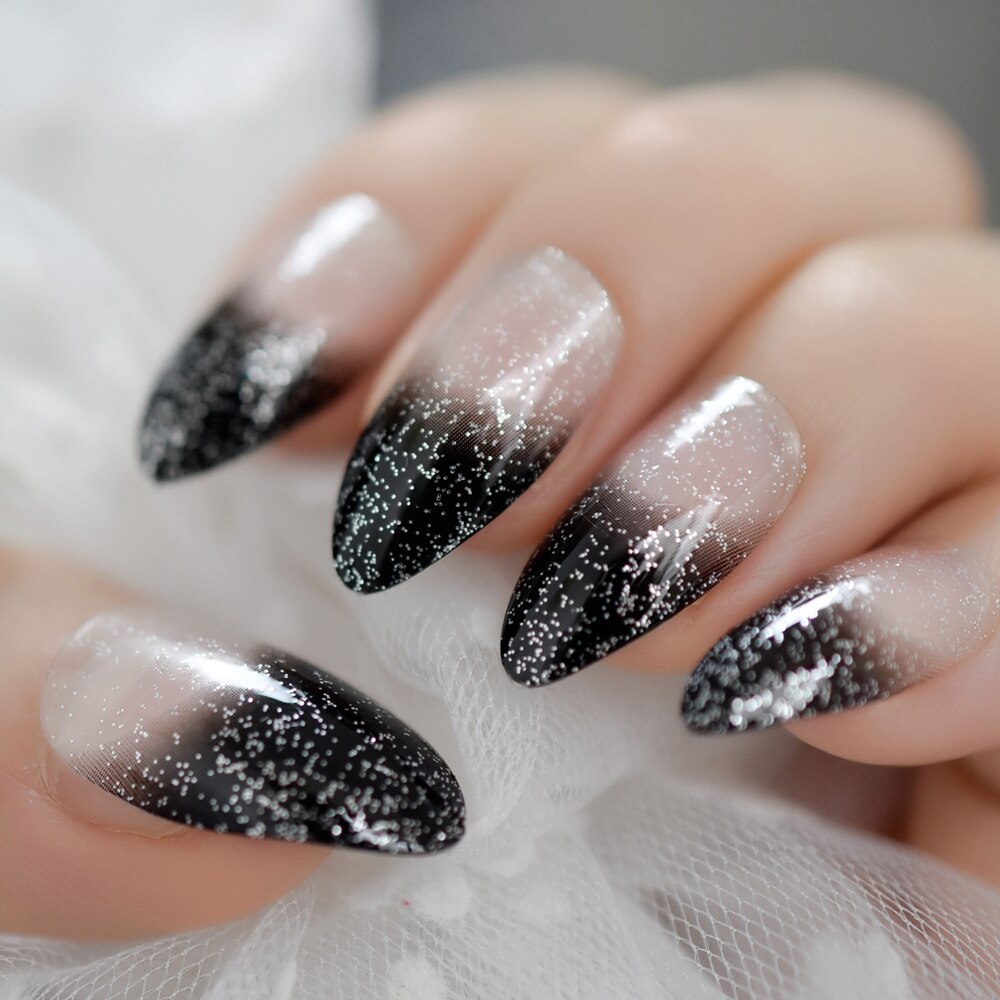 Zwart Ombre Franse Nagels Sharp Ending Acryl Nail Tips Glitter Gel Cover Gradiënt Wees Nagels Valse met Lijm Tabs