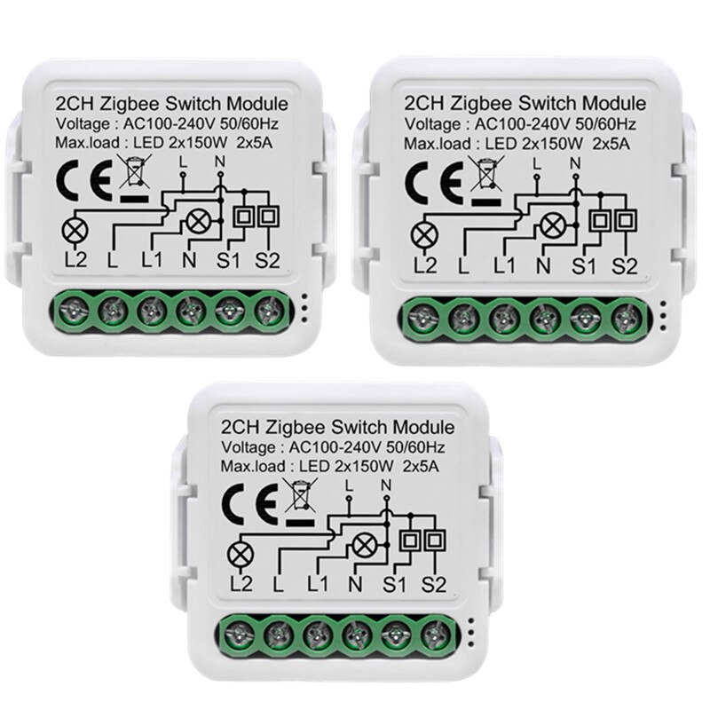 Tuya ZigBee 2 Gang Smart Light Switch Relay Module Smart Life/Tuya App Control, Works with Alexa Google Home: 3  pcs