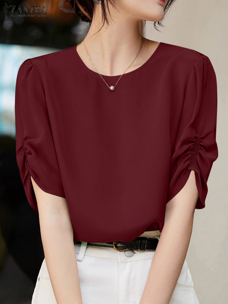 Zanzea kontorbluse sommer dame kortærmet arbejdsskjorte stilfuld ensfarvet tunika toppe afslappet o-hals blusas oversize: L / Burgunder