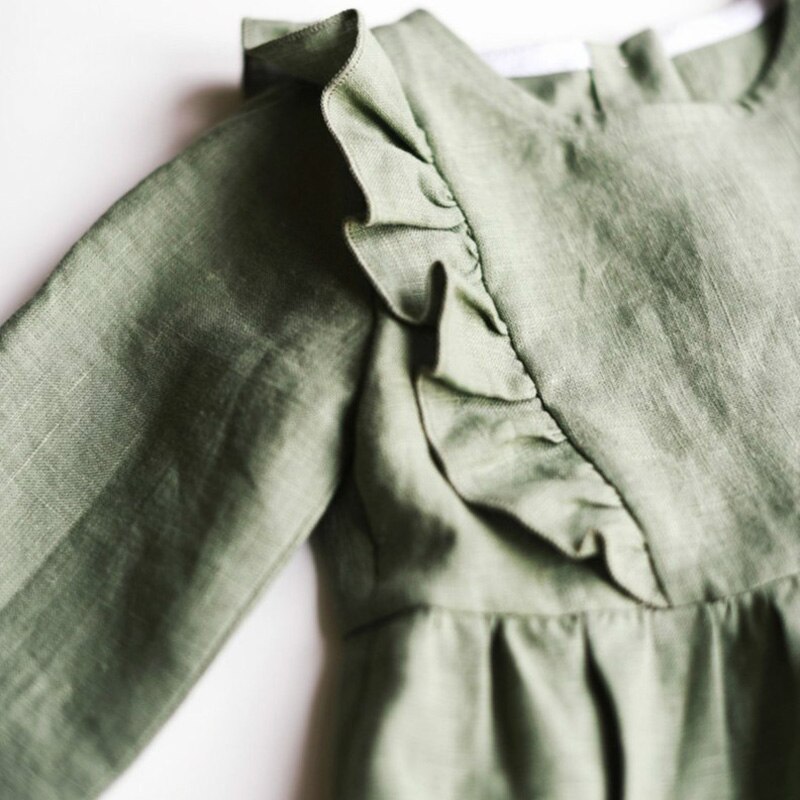 Herbstlicher babybody für mädchen und jungen, rüschen, rundhalsausschnitt, lange ärmel, leinen-baumwolle, Overall für neugeborene