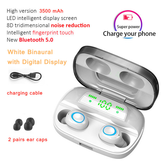 BEST TWS Bluetooth 5.0 Earphones Wireless Headphones Earbuds with 3500mAh Charging Box Noise Cancelling Headset for Smartphone: led-white