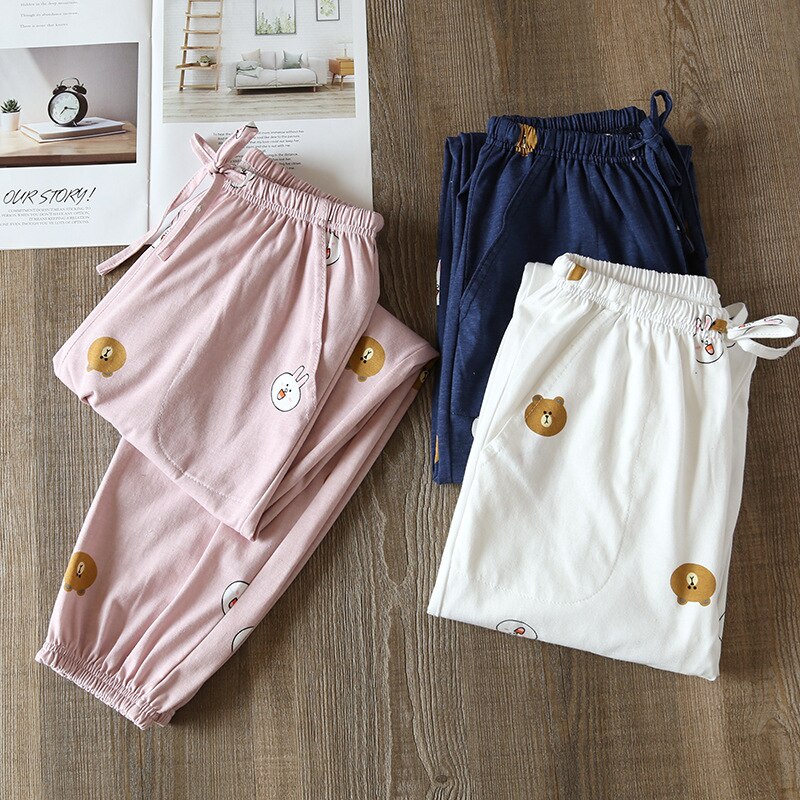 Spring Autumn Sleep Bottoms Korean Style Madam Summer Thin Cotton Loose Comfortable Home Women Night Trousers Sweet Print брюки