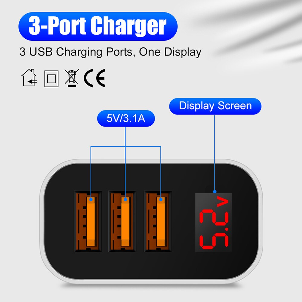 3 porty 5V 3.1A ładowarka USB szybka ładowarka z cyfrowym wyświetlaczem LED dla iPhone 12 11 XS Samsung Xiaomi telefon szybkie ładowanie
