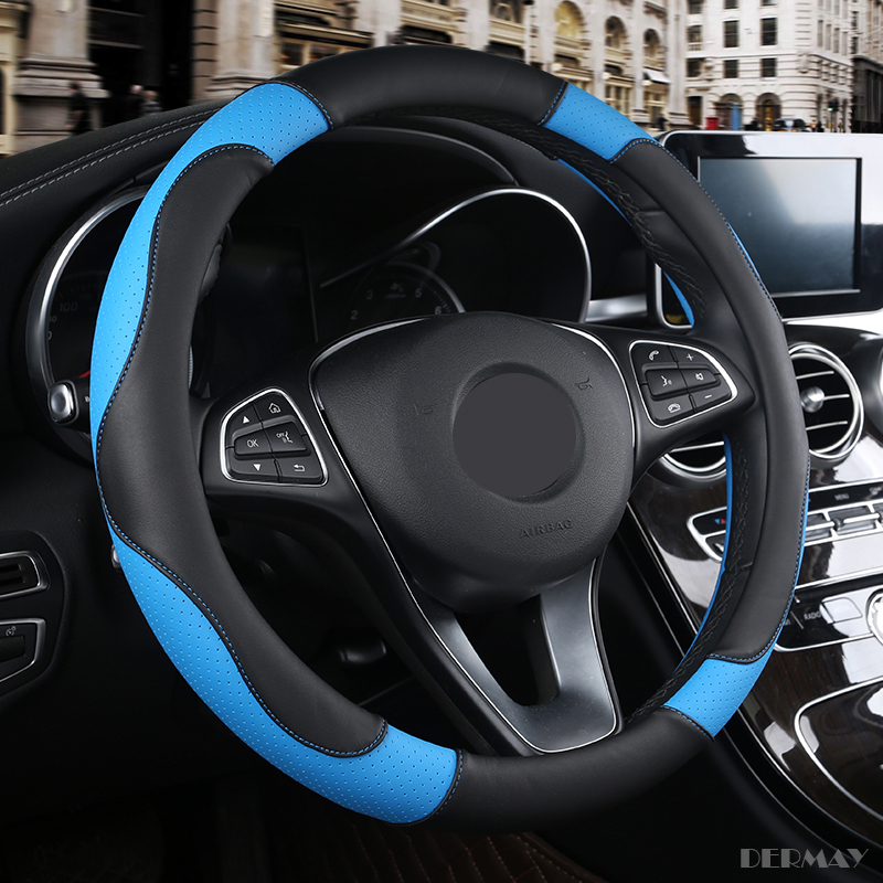 DERMAY Sport Style Contrast Color Non-slip Sweat Good Breathable PU Leatherette 15 Inch Car Steering Wheel Cover