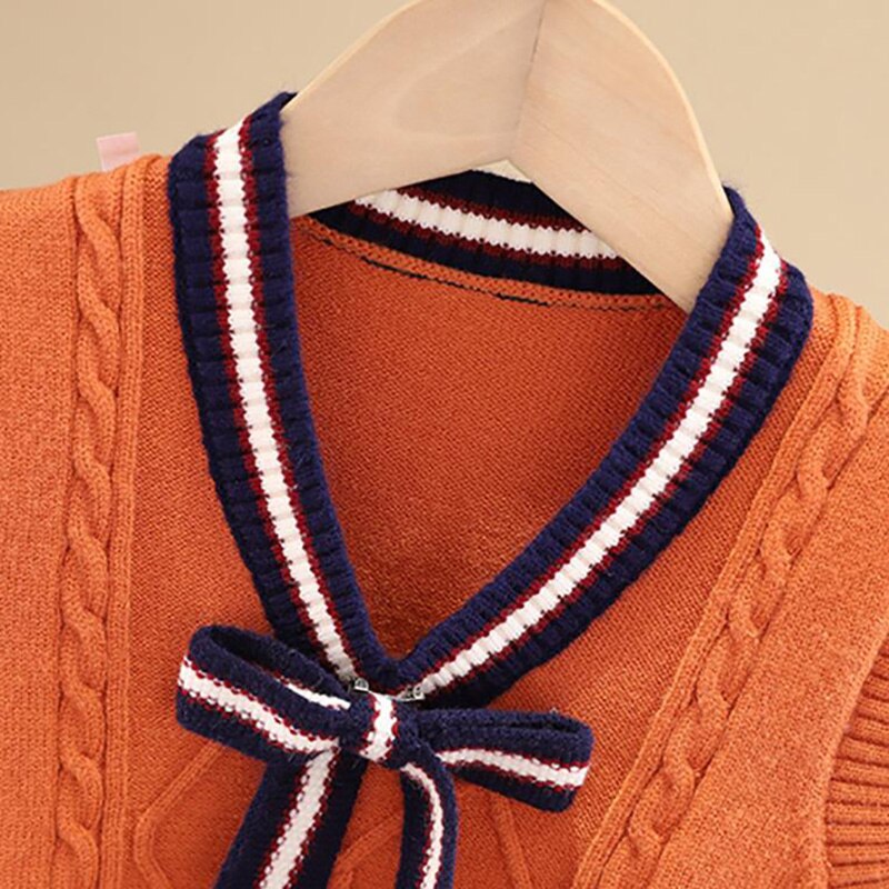 Wiosna jesień śliczne bowknot sweter nastolatek chłopięcy sweter w szpic kamizelka dzieci kamizelka szkoły dziewczyny zimowe swetry