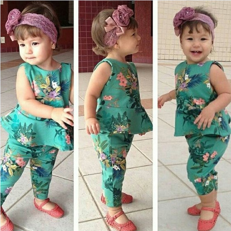 Summer Baby Girls Suit Casual 1 2 3 4 5 Years Toddler Children Clothing Set Floral T-shrts Flower Pants Kids Clothes
