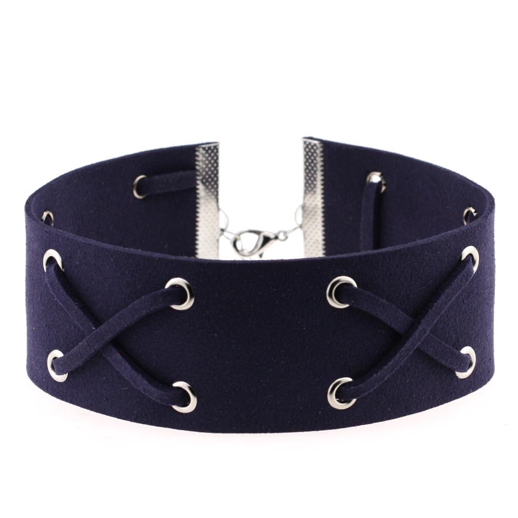 Decopunk Handmade Neo Gothic Hippie Wide Leather Wrap X Charm Silvery Lobster Buckle Adjustable Choker Necklaces For Women: Dark Blue