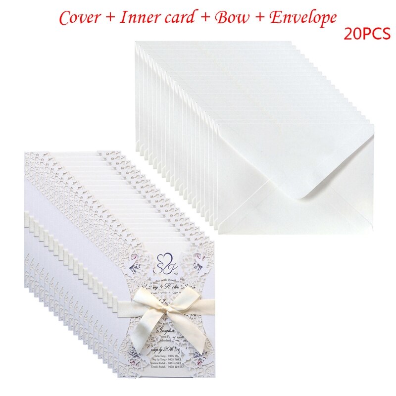 20pcs Wedding Invitations Card Hollow Invite Envelopes with Ribbon Bridal Shower A9LB