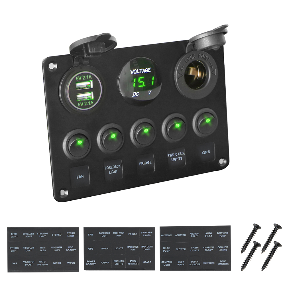 Car Marine Boat LED Rocker Switch Panel Digital Voltmeter Dual USB Port 12V Outlet Combination Waterproof: green