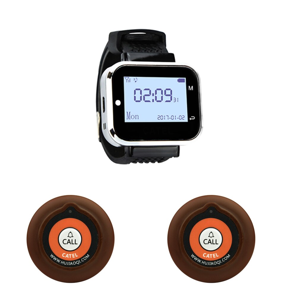 Jingle bells draadloos restaurant gast oproepsysteem 2 oproepknoppen +1 horloge ontvanger voor café, bar oproepbel