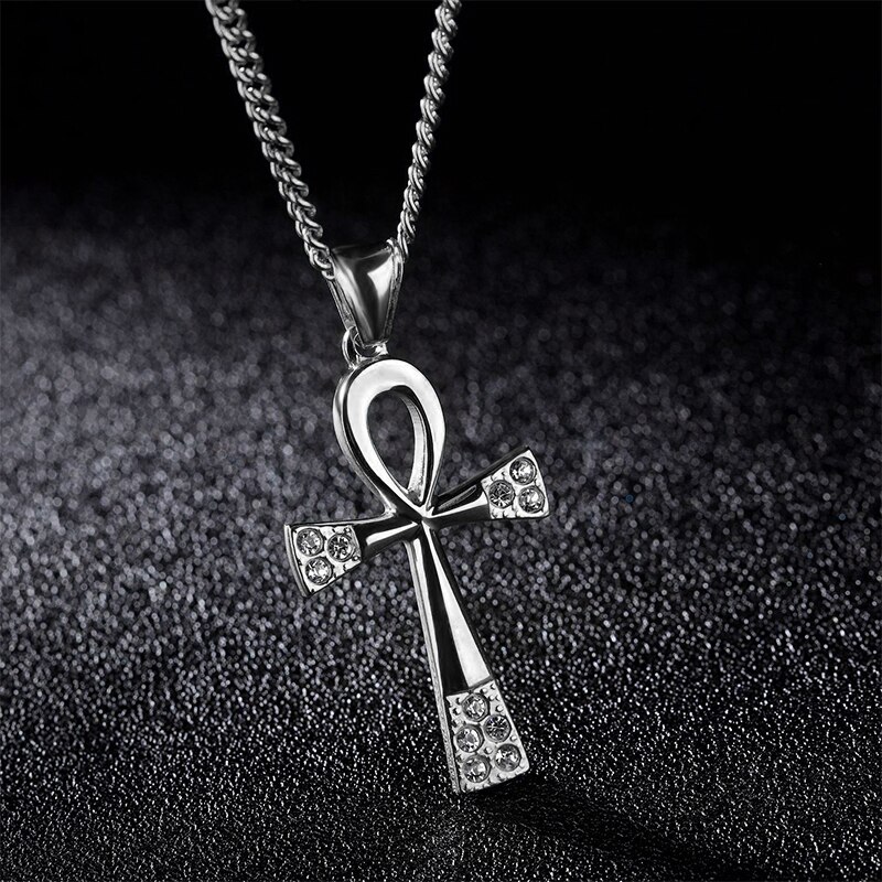 Vintage Klassieke Egyptische Kruis Ketting Voor Mannen Persoonlijkheid Punk Farao Rvs Hanger Crystal Zirkoon Sieraden: Silver