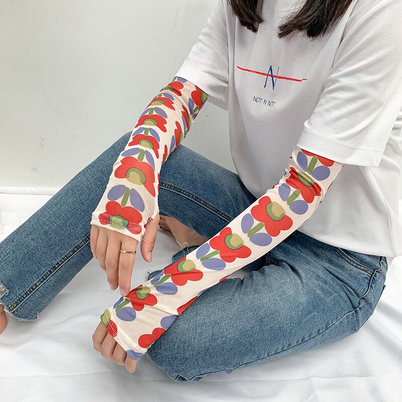 Is silke kold frugt blomster print solhandsker halvfinger fingerløse kørearmvarmere sport solcreme langærmet  c31: 8