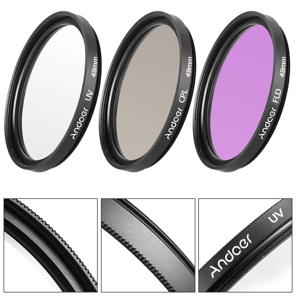 Andoer 49mm Filter Kit (UV + CPL + FLD) + Nylon Carry Pouch + Lensdop + Lensdop + Zonnekap + Lens Schoonmaakdoekje