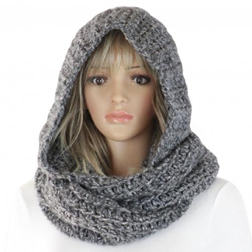 Autumn Winter Women Outdoor Thick Warm Keeping Solid Color Knitted Hooded scarves women: Dark Gray