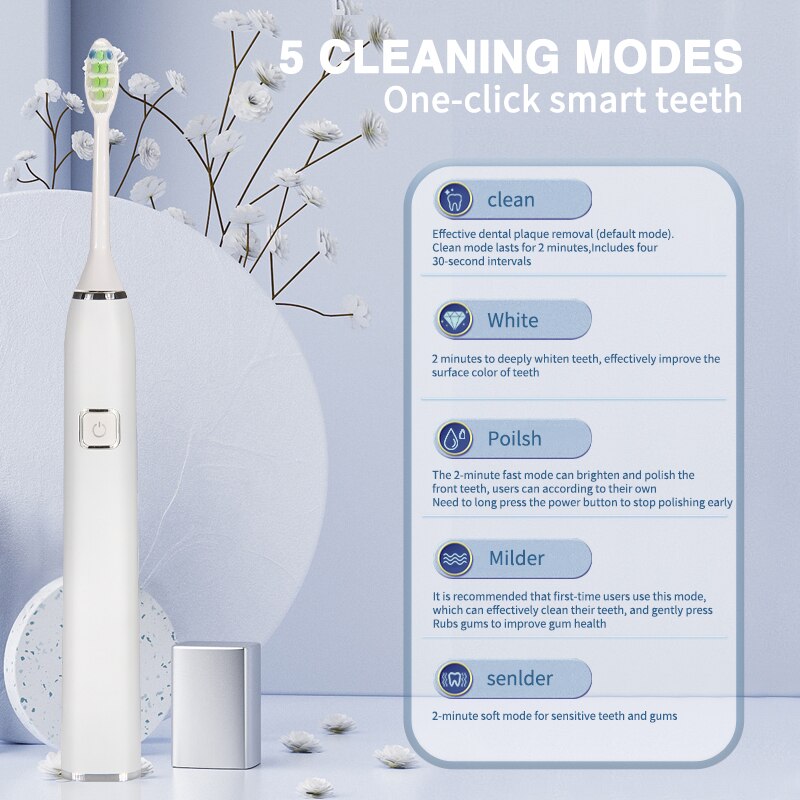 Boyankang Sonic Rechargeable Electric Toothbrush IPX7 Waterproof Inductive Charging 6 Replaceable Heads Dupont Bristles BYK33
