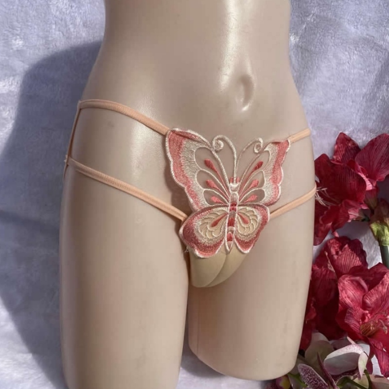 Sexy Men's Lace Underwear CD Cross-dressing Briefs Low-Waist Mesh Hollowed Transparent Butterfly Embroidery Underpants Underwear