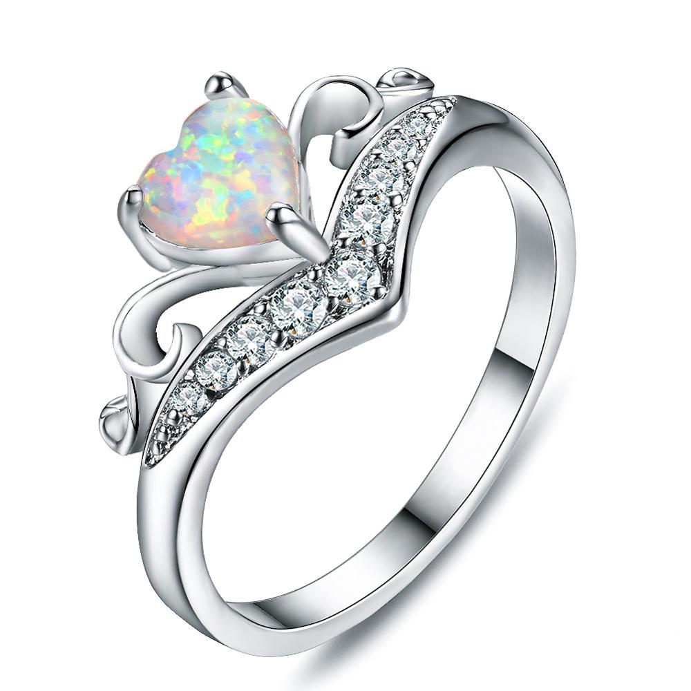 Luxury Women Sterling Silver 925 Crystal Wedding Rings White/Blue Fire Opal Heart Rings anillos: 8 / White