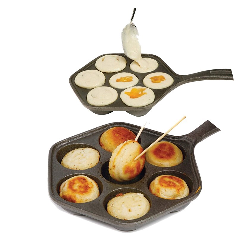 Sartén antiadherente rellena de hierro fundido, Munk/Aebleskiver, plancha de hierro fundido para la casa para varios alimentos esféricos