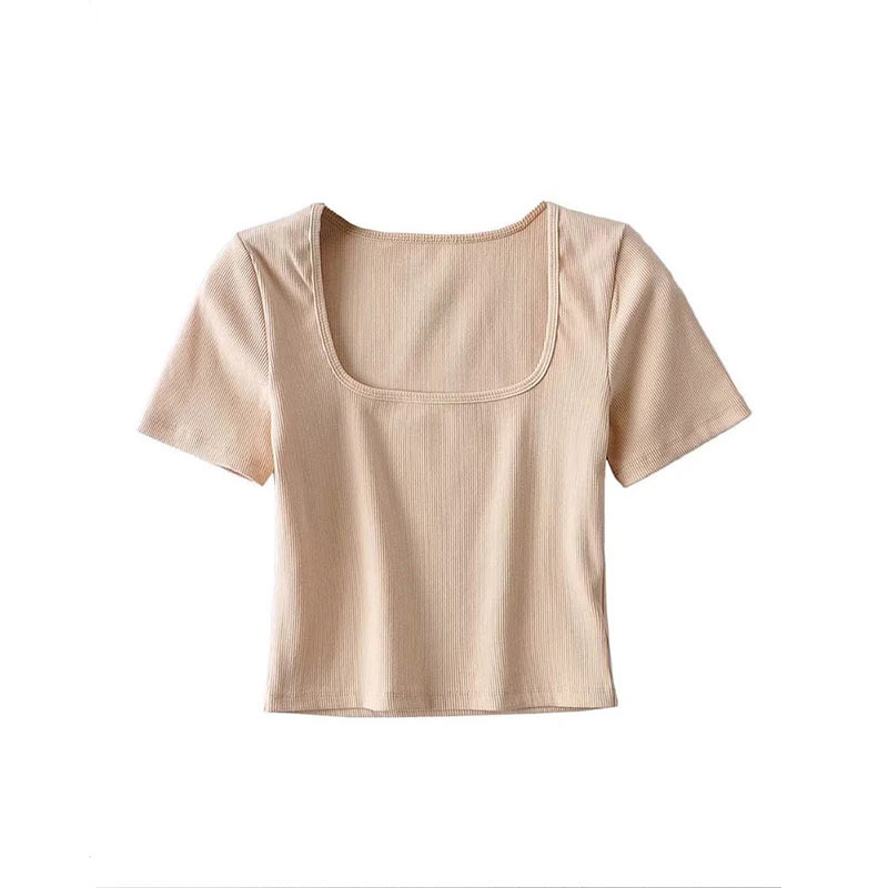 Haut court côtelé à col carré pour femme, t-shirt à manches courtes