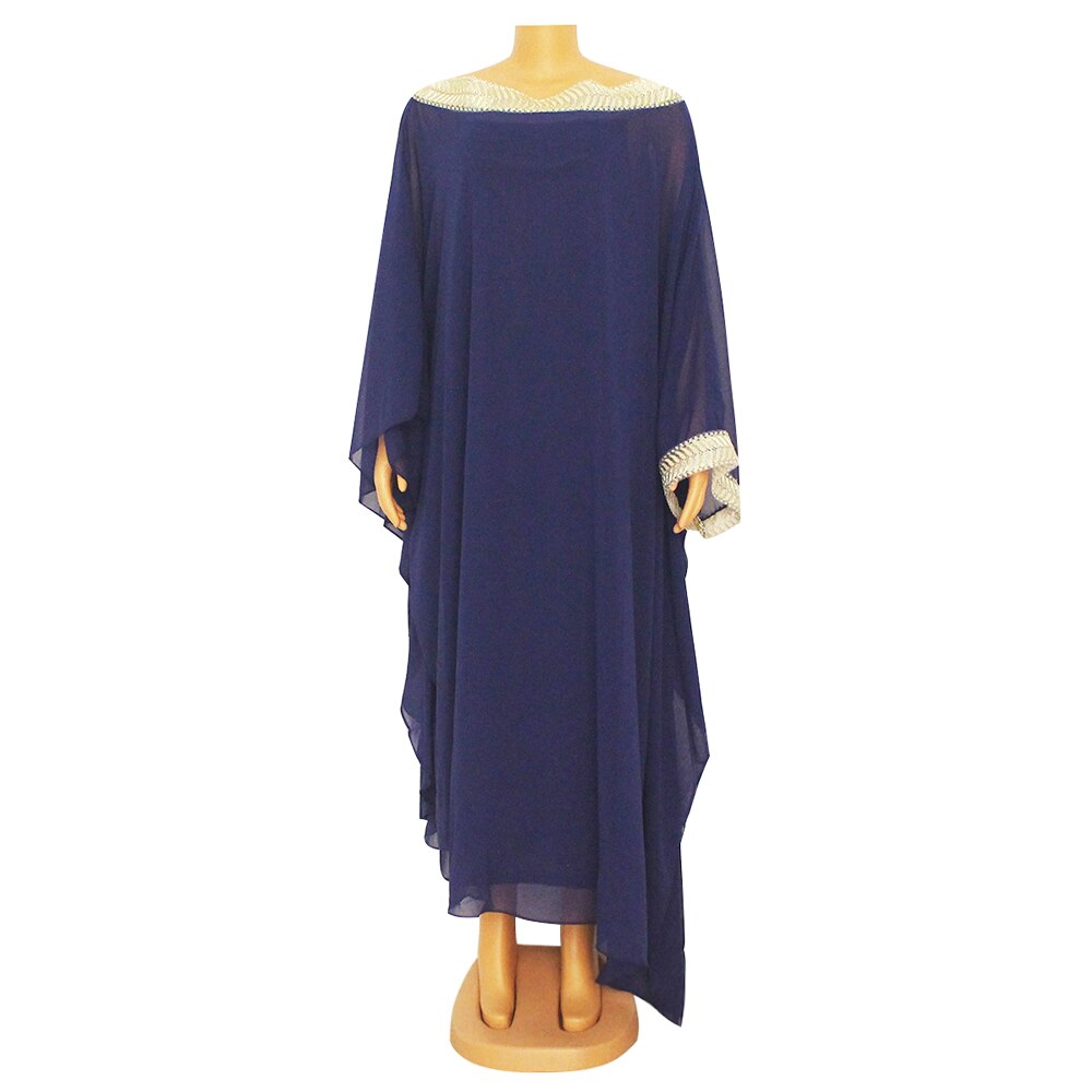 Elegante Afrikaanse Appliques Dashiki Jurk Hijab Chiffon Moslim Abaya Bazin Gewaad Toga Riche Sexy Lady Party Dress Met Inner Dress: Marineblauw