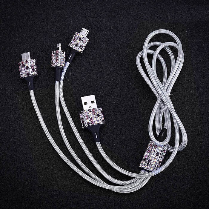 Diamond crystal 3 in 1 usb-kabel for iphone ladelader datakabel type c type-c mikro usb-kabel for samsung xiaomi wire: Lilla