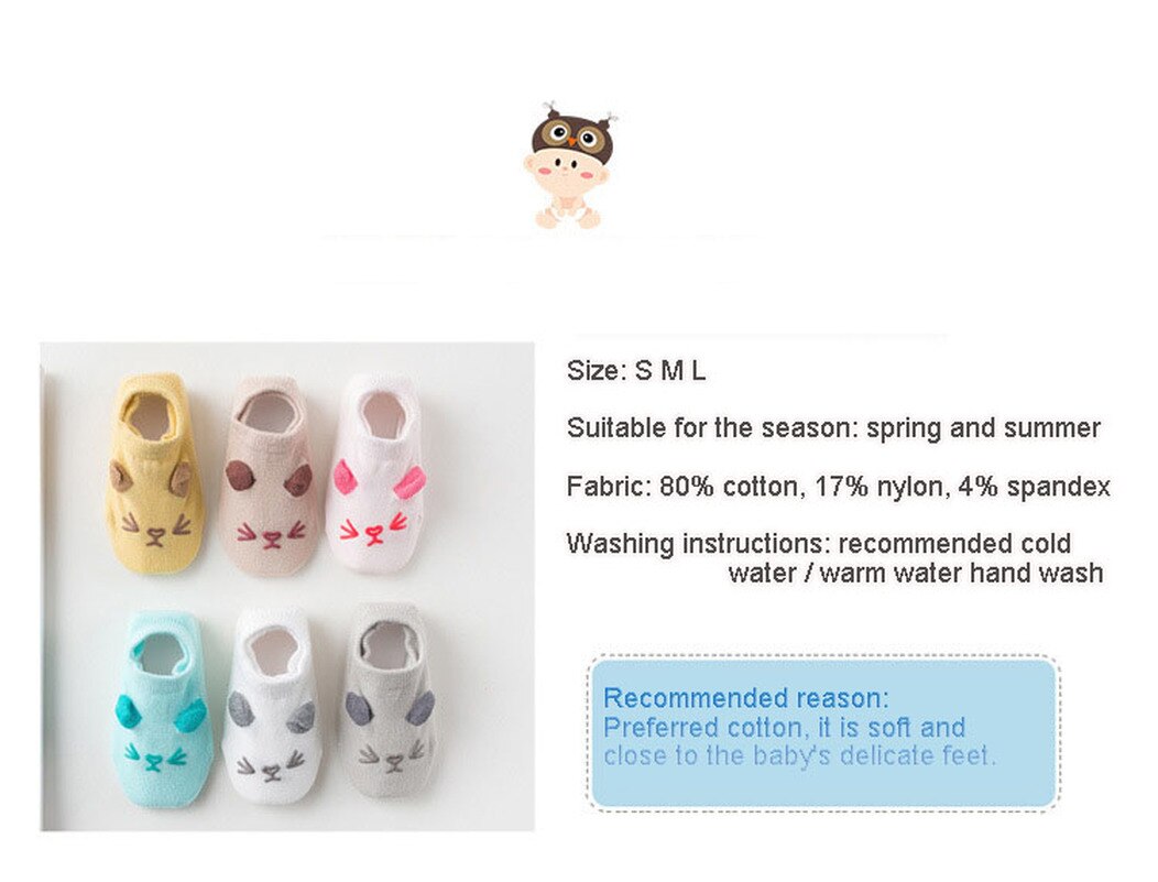 3x Pairs Baby Socks Floor Non-slip Cotton Cartoon Doll Socks Baby Girls Boys Soft Cute First Step Shoe