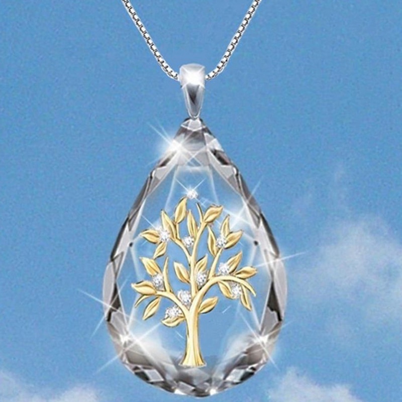 Trasparente di Cristallo di Figura di Waterdrop Dell'albero di Vita Del Pendente Della Collana per Le Donne Del Partito di Modo Della Collana Dei Monili Dei Regali: GD