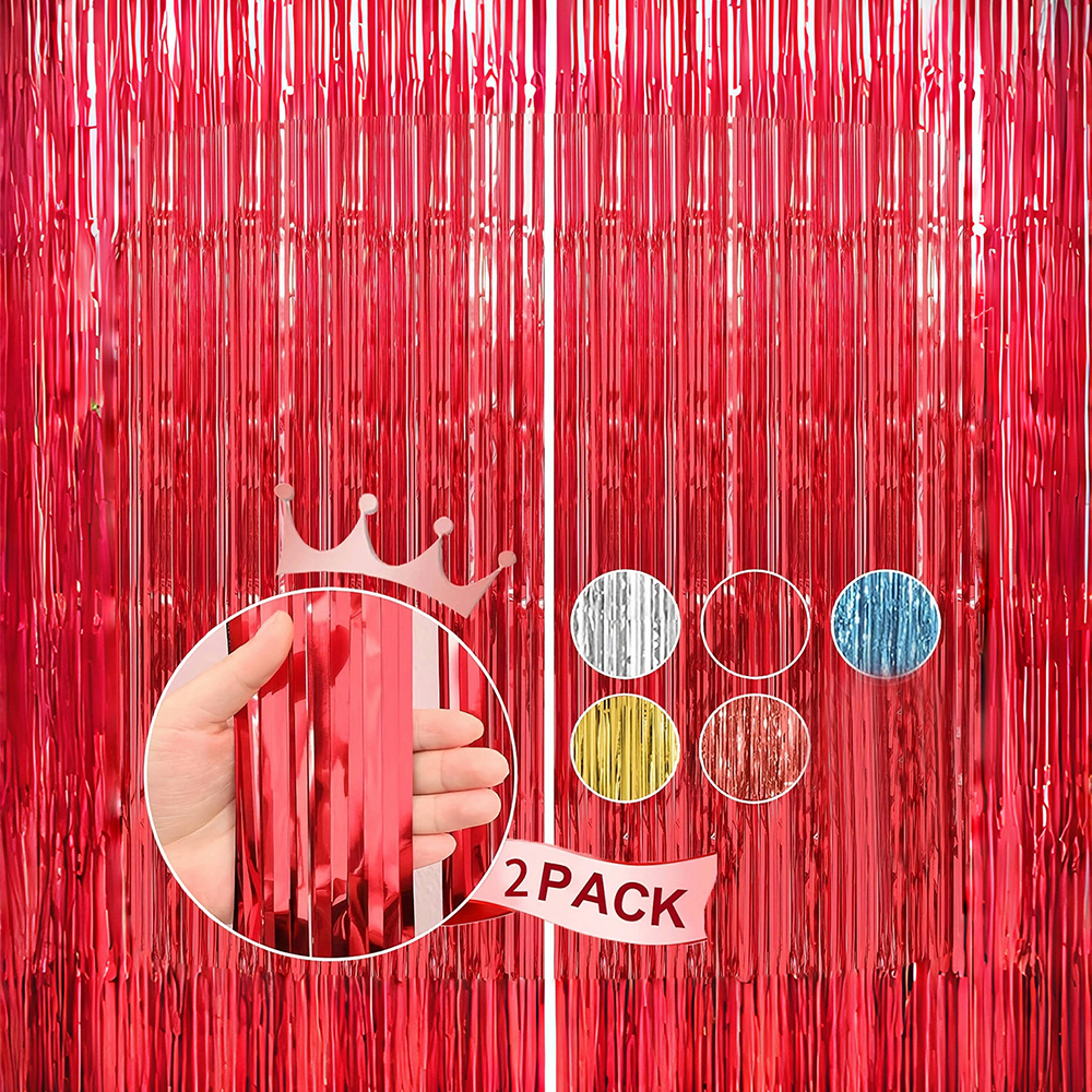 6 pçs cortina de seda chuva brilhante 1*2m festa de aniversário decoração borla decoração de casamento fundo parede: Vermelho