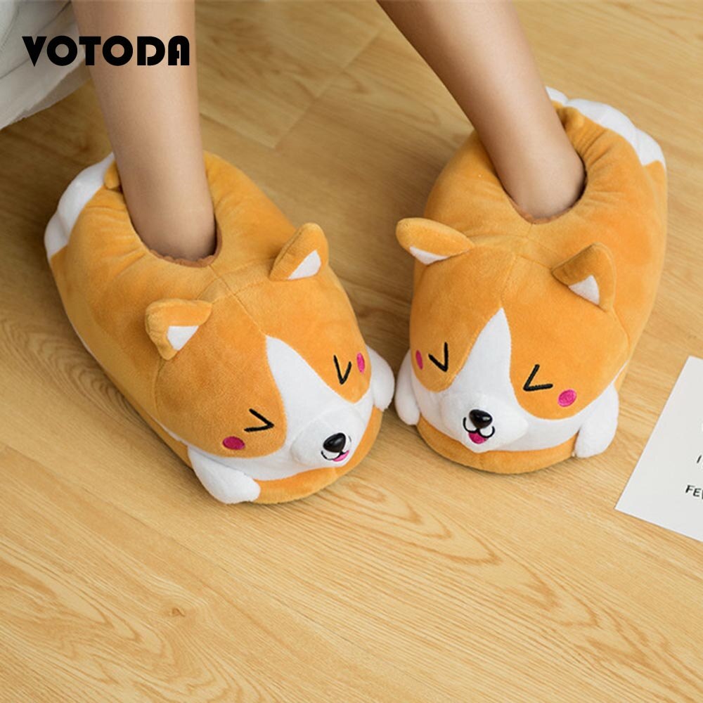 Koti liukumäet naisten talvi pehmo corgi tossut lämpimät naisten lattia sisäkengät söpöt hauskat aikuisten tossut litteät luistamattomat varvastossut: Corgi laukku kantapää / 8.5