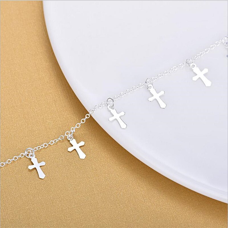 TJP 925 Silver Women Anklets Jewelry Charm Girl Cross Silver Bracelets For Lady Bride Wedding Accessories Bijou